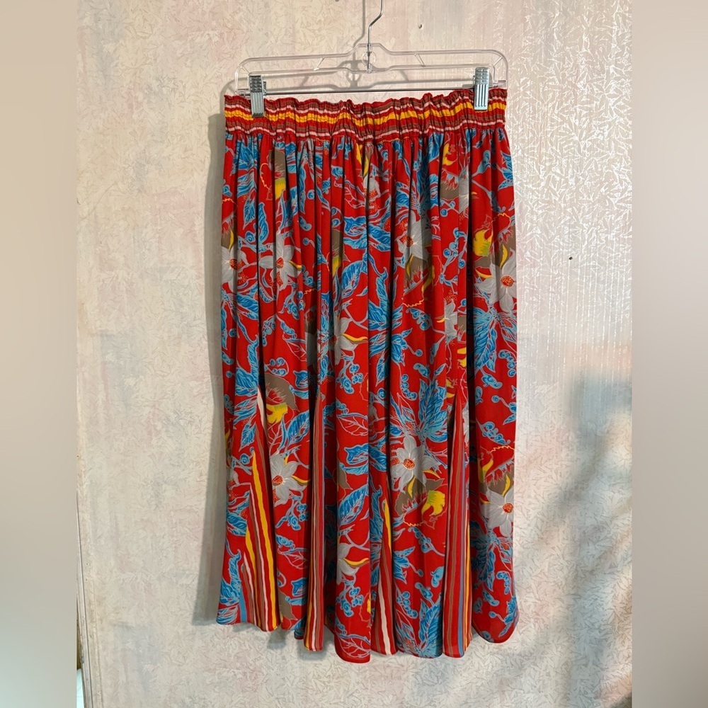 Vtg 1980’s Diane Freis Georgette Red Floral A-Line Midi Skirt with Blue Accents
